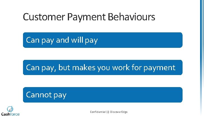 Customer Payment Behaviours Can pay and will pay Can pay, but makes you work