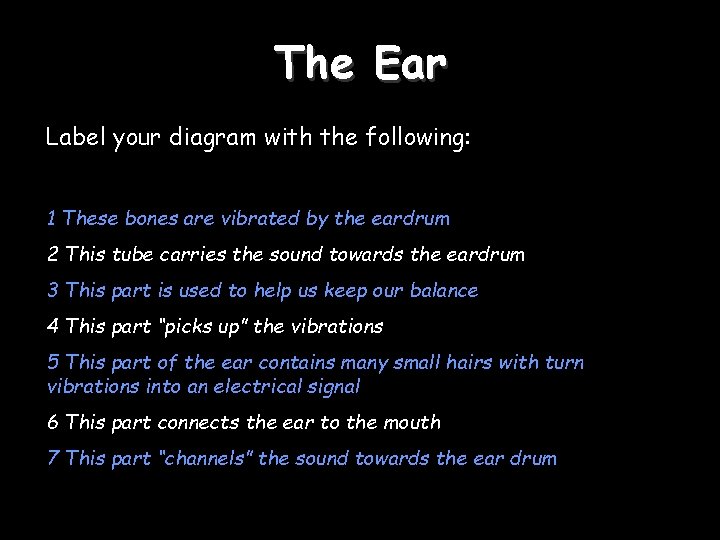 The Ear Label your diagram with the following: 1 These bones are vibrated by