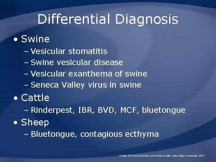 Differential Diagnosis • Swine – Vesicular stomatitis – Swine vesicular disease – Vesicular exanthema