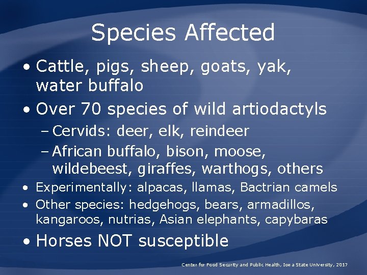 Species Affected • Cattle, pigs, sheep, goats, yak, water buffalo • Over 70 species