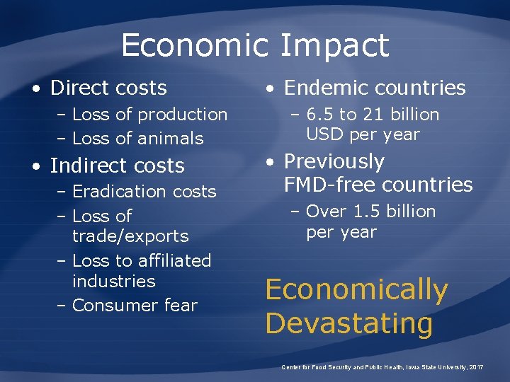 Economic Impact • Direct costs – Loss of production – Loss of animals •