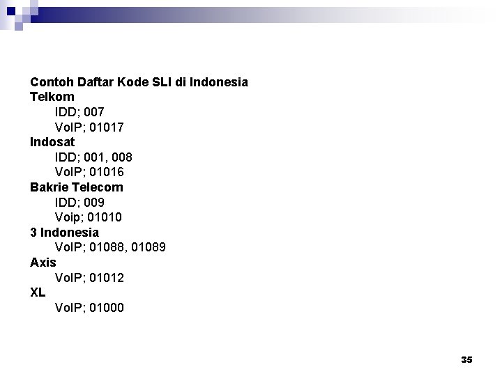 Contoh Daftar Kode SLI di Indonesia Telkom IDD; 007 Vo. IP; 01017 Indosat IDD;