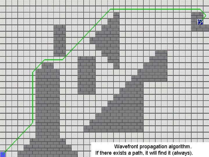 Navigáció Wavefront propagation algorithm. If there exists a path, it will find it (always).