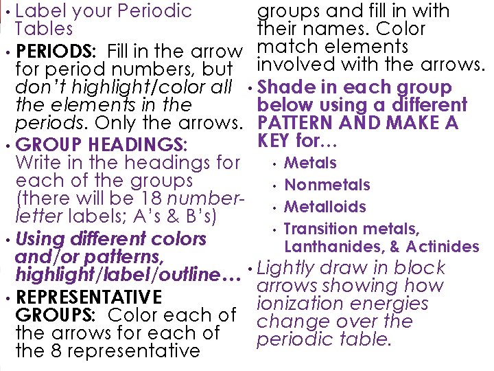 Label your Periodic groups and fill in with Tables their names. Color • PERIODS: