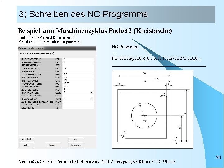 3) Schreiben des NC-Programms Beispiel zum Maschinenzyklus Pocket 2 (Kreistasche) Dialogfenster Pocket 2 Kreistasche