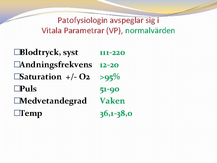 Patofysiologin avspeglar sig i Vitala Parametrar (VP), normalvärden �Blodtryck, syst �Andningsfrekvens �Saturation +/- O