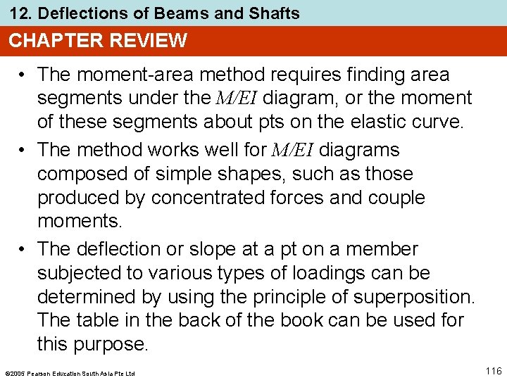 12. Deflections of Beams and Shafts CHAPTER REVIEW • The moment-area method requires finding