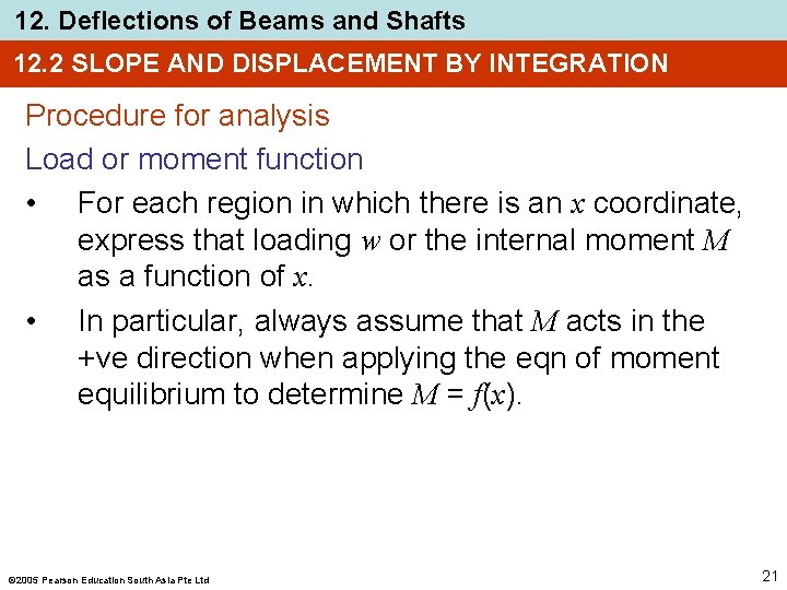 12. Deflections of Beams and Shafts 12. 2 SLOPE AND DISPLACEMENT BY INTEGRATION Procedure