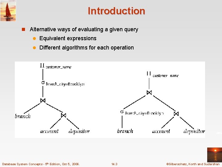 Introduction n Alternative ways of evaluating a given query l Equivalent expressions l Different