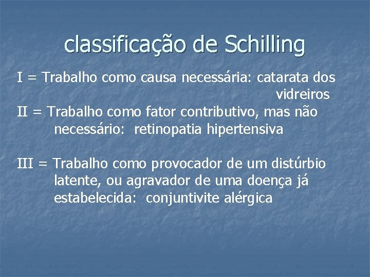 classificação de Schilling I = Trabalho como causa necessária: catarata dos vidreiros II =