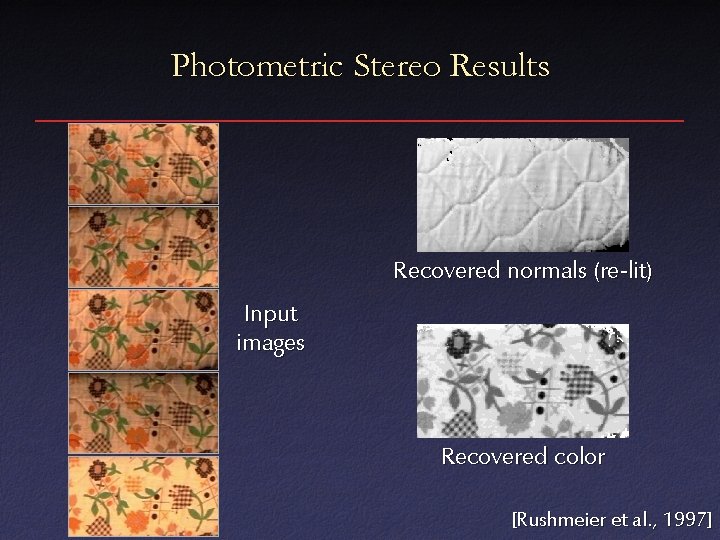 Photometric Stereo Results Recovered normals (re-lit) Input images Recovered color [Rushmeier et al. ,