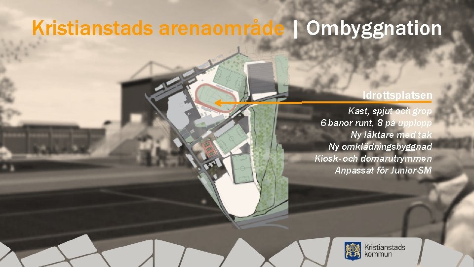 Kristianstads arenaområde | Ombyggnation Idrottsplatsen Kast, spjut och grop 6 banor runt, 8 på