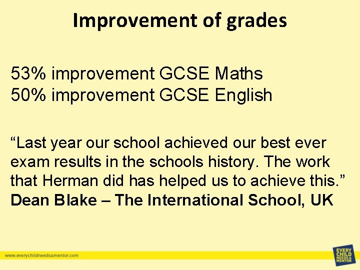 Improvement of grades 53% improvement GCSE Maths 50% improvement GCSE English “Last year our