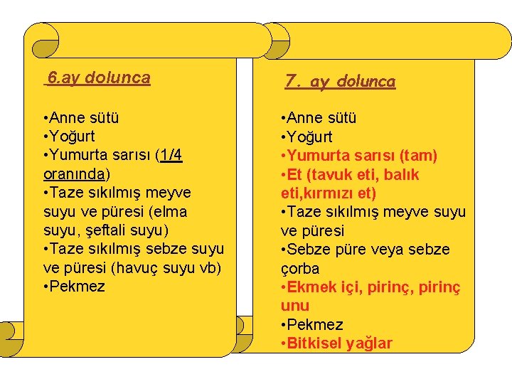 6. ay dolunca 7. ay dolunca • Anne sütü • Yoğurt • Yumurta sarısı