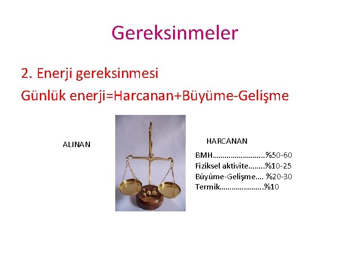 Gereksinmeler 2. Enerji gereksinmesi Günlük enerji=Harcanan+Büyüme-Gelişme ALINAN HARCANAN BMH…………. . %50 -60 Fiziksel aktivite…….