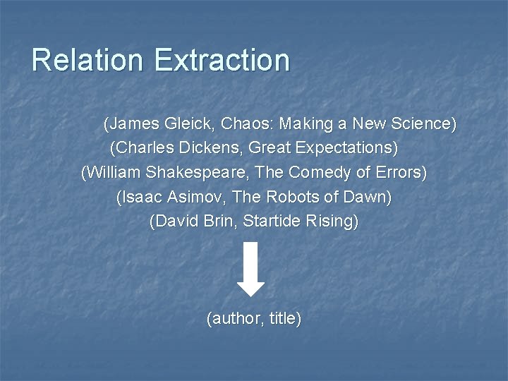 Relation Extraction (James Gleick, Chaos: Making a New Science) (Charles Dickens, Great Expectations) (William