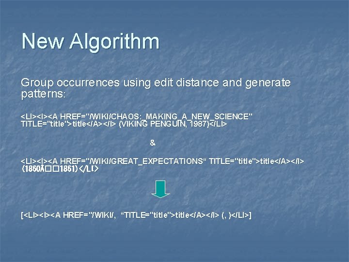 New Algorithm Group occurrences using edit distance and generate patterns: <LI><I><A HREF="/WIKI/CHAOS: _MAKING_A_NEW_SCIENCE" TITLE="title">title</A></I>