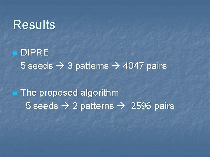 Results n DIPRE 5 seeds 3 patterns 4047 pairs n The proposed algorithm 5