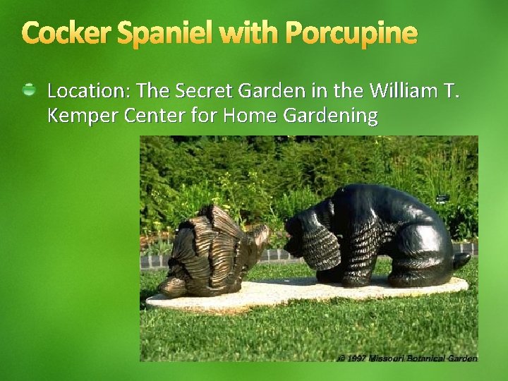 Cocker Spaniel with Porcupine Location: The Secret Garden in the William T. Kemper Center