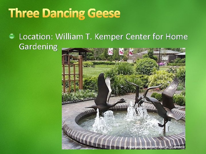 Three Dancing Geese Location: William T. Kemper Center for Home Gardening 