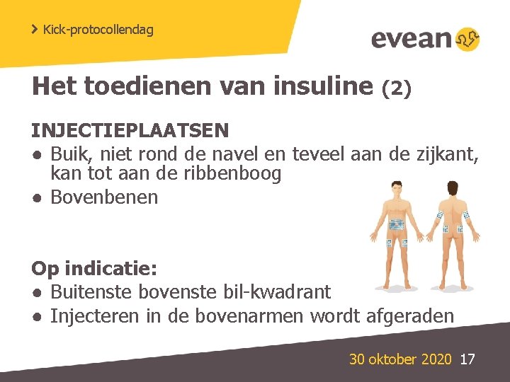 Kick-protocollendag Het toedienen van insuline (2) INJECTIEPLAATSEN ● Buik, niet rond de navel en