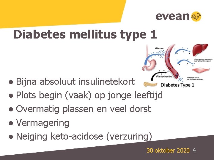 Diabetes mellitus type 1 ● Bijna absoluut insulinetekort ● Plots begin (vaak) op jonge