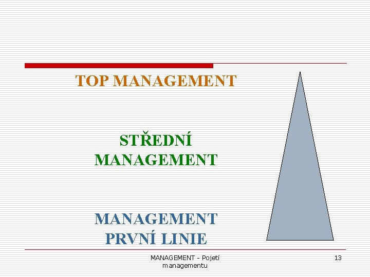 TOP MANAGEMENT STŘEDNÍ MANAGEMENT PRVNÍ LINIE MANAGEMENT - Pojetí managementu 13 