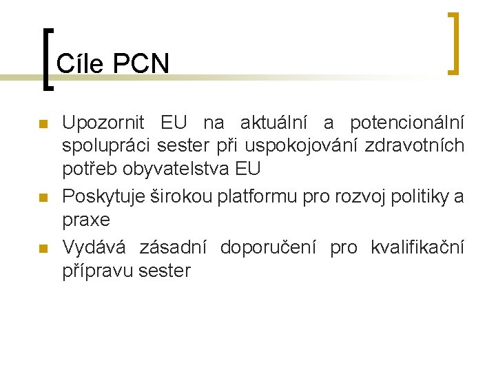 Cíle PCN n n n Upozornit EU na aktuální a potencionální spolupráci sester při