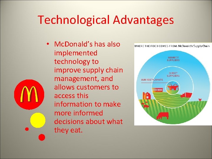 Technological Advantages • Mc. Donald’s has also implemented technology to improve supply chain management,