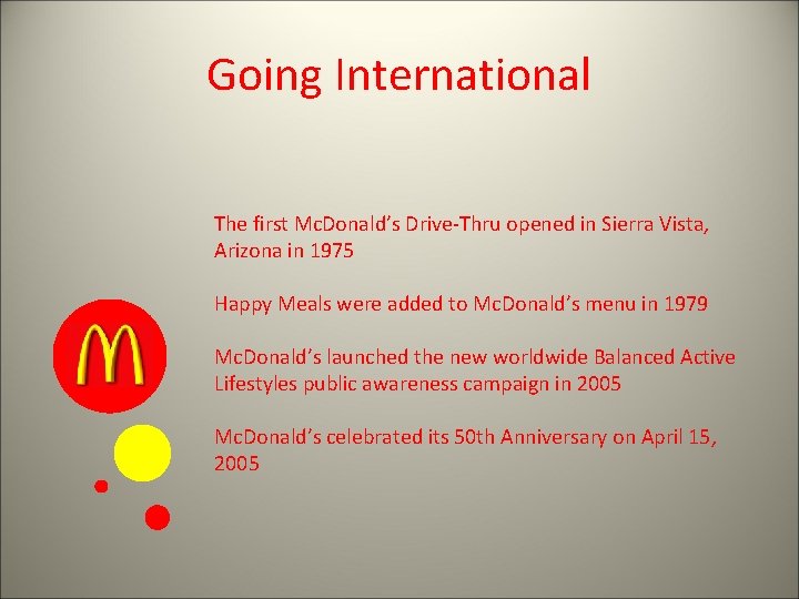 Going International The first Mc. Donald’s Drive-Thru opened in Sierra Vista, Arizona in 1975