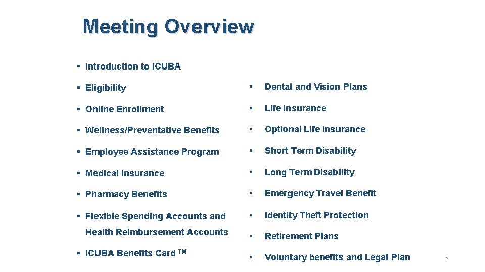 Meeting Overview Introduction to ICUBA Eligibility Dental and Vision Plans Online Enrollment Life Insurance