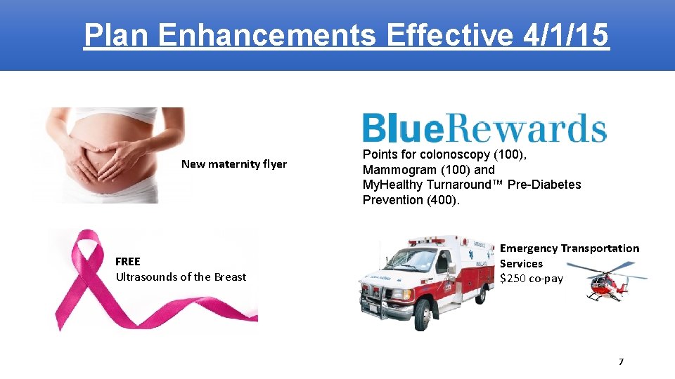 Plan Enhancements Effective 4/1/15 New maternity flyer FREE Ultrasounds of the Breast Points for