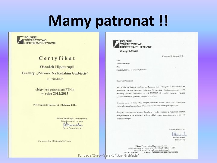 Mamy patronat !! Fundacja "Zdrowie na Końskim Grzbiecie" 