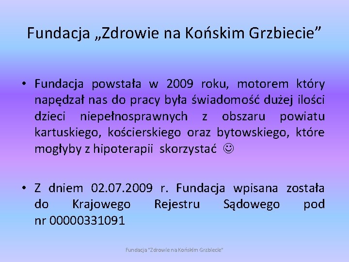 Fundacja „Zdrowie na Końskim Grzbiecie” • Fundacja powstała w 2009 roku, motorem który napędzał