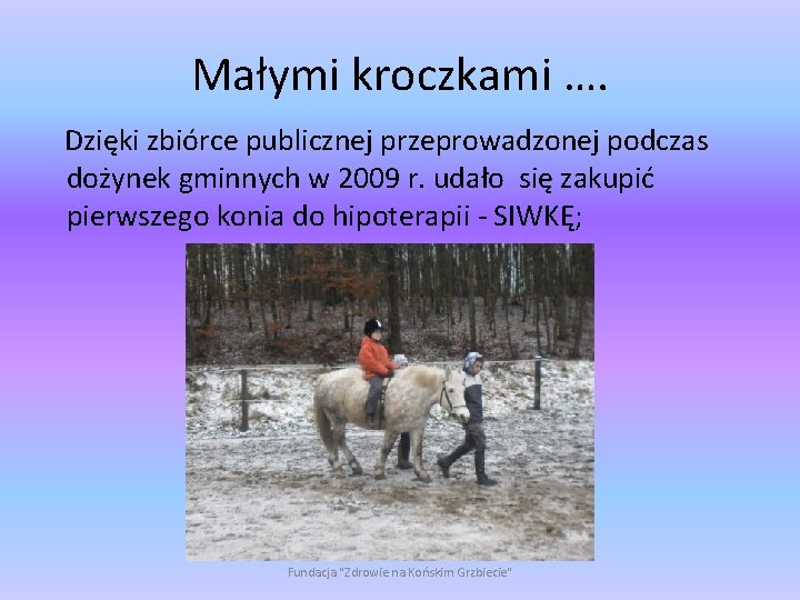 Małymi kroczkami …. Dzięki zbiórce publicznej przeprowadzonej podczas dożynek gminnych w 2009 r. udało