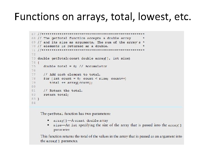 Functions on arrays, total, lowest, etc. 