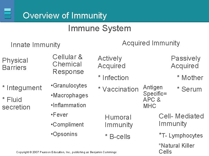Overview of Immunity Immune System Acquired Immunity Innate Immunity Physical Barriers * Integument *