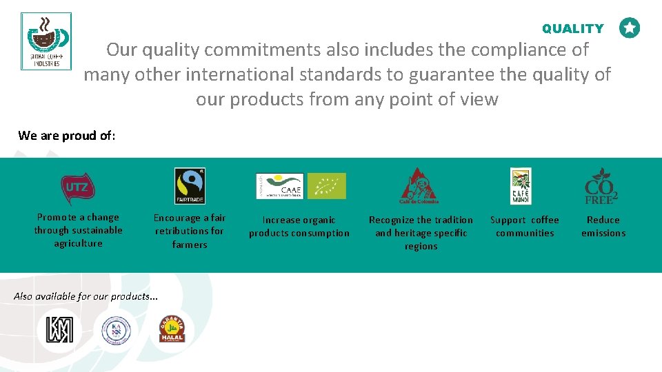 QUALITY Our quality commitments also includes the compliance of many other international standards to QUALITY Our quality commitments also includes the compliance of many other international standards to