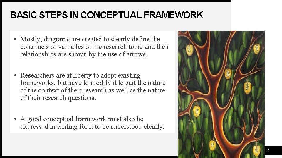 BASIC STEPS IN CONCEPTUAL FRAMEWORK • Mostly, diagrams are created to clearly define the