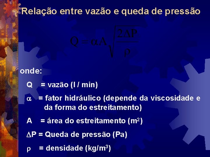 Relação entre vazão e queda de pressão onde: Q = vazão (l / min)