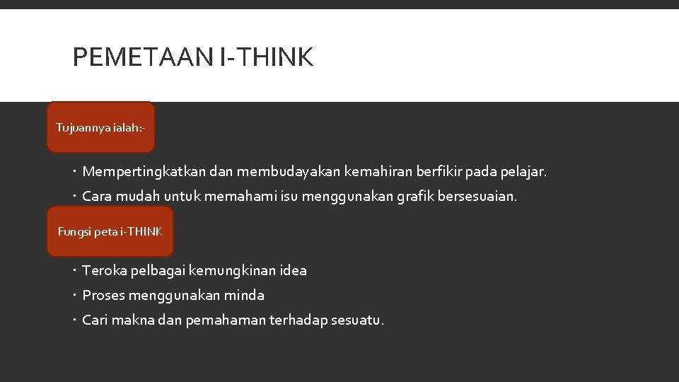 PEMETAAN I-THINK Tujuannya ialah: - Mempertingkatkan dan membudayakan kemahiran berfikir pada pelajar. Cara mudah