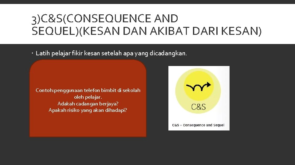 3)C&S(CONSEQUENCE AND SEQUEL)(KESAN DAN AKIBAT DARI KESAN) Latih pelajar fikir kesan setelah apa yang