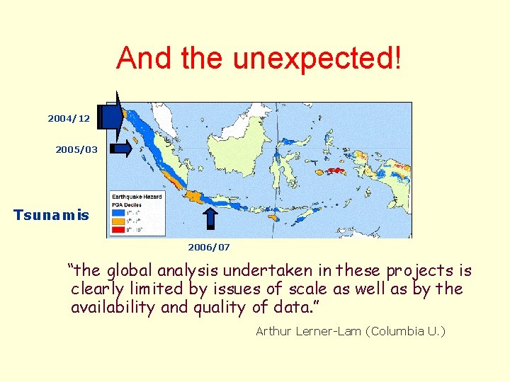 And the unexpected! 2004/12 2005/03 Tsunamis 2006/07 “the global analysis undertaken in these projects