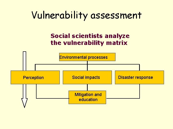 Vulnerability assessment Social scientists analyze the vulnerability matrix Environmental processes Perception Social impacts Mitigation