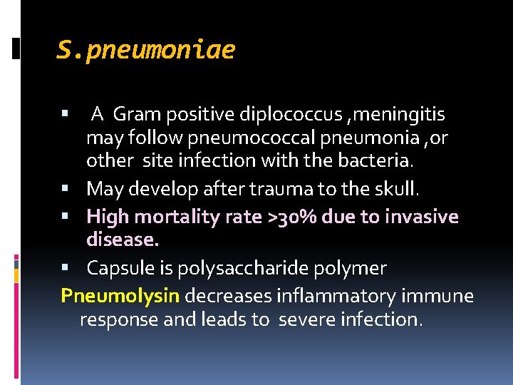 S. pneumoniae A Gram positive diplococcus , meningitis may follow pneumococcal pneumonia , or