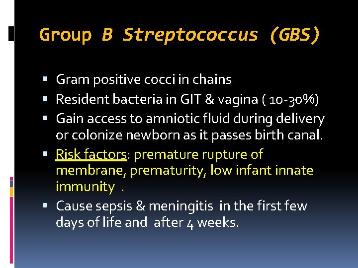 Group B Streptococcus (GBS) Gram positive cocci in chains Resident bacteria in GIT &