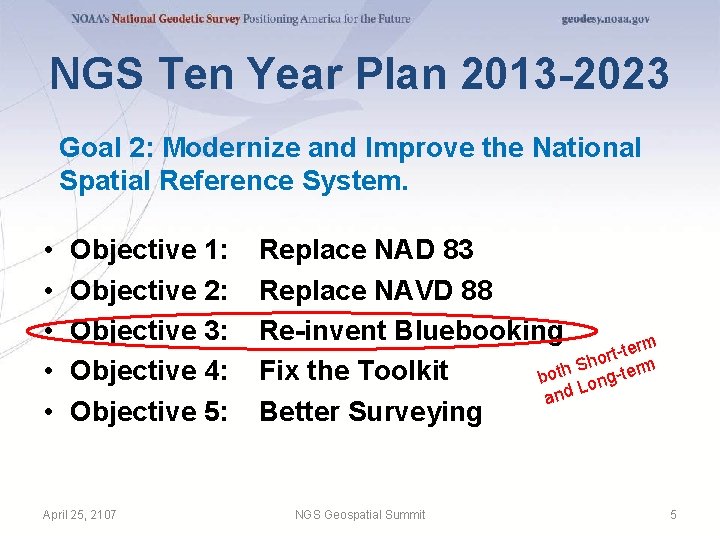 NGS Ten Year Plan 2013 -2023 Goal 2: Modernize and Improve the National Spatial