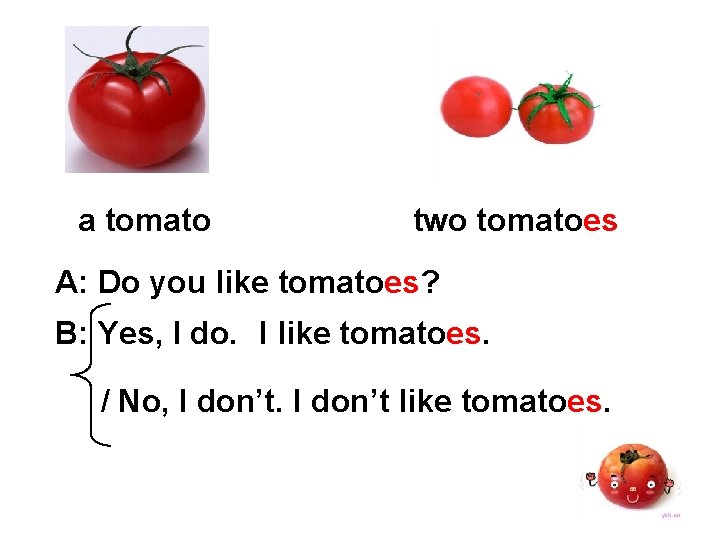 a tomato two tomatoes A: Do you like tomatoes? B: Yes, I do. I