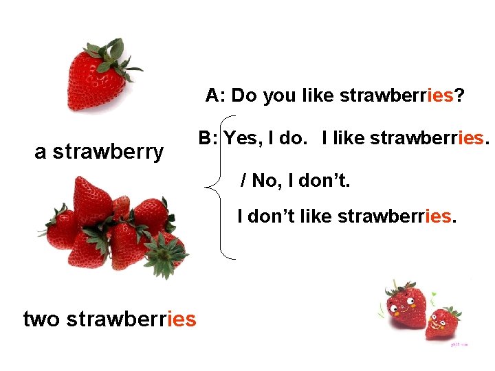 A: Do you like strawberries? a strawberry B: Yes, I do. I like strawberries.