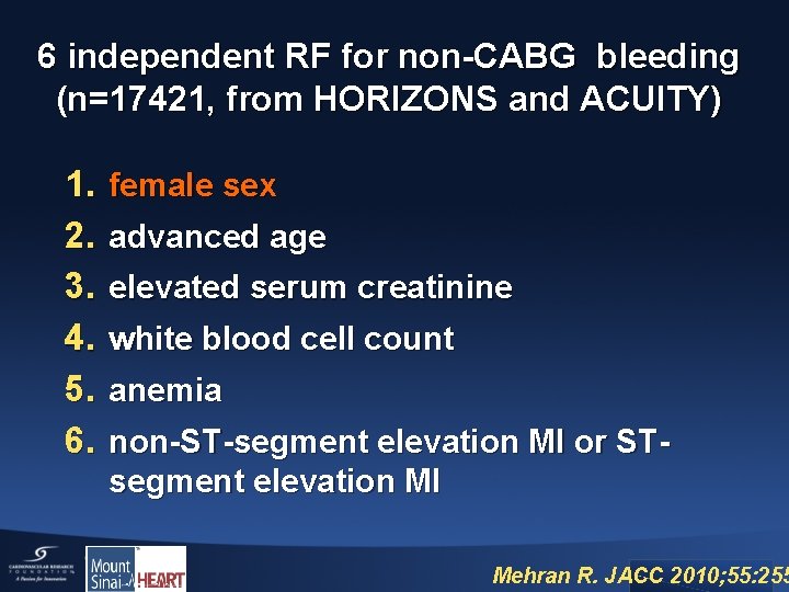 6 independent RF for non-CABG bleeding (n=17421, from HORIZONS and ACUITY) 1. 2. 3.